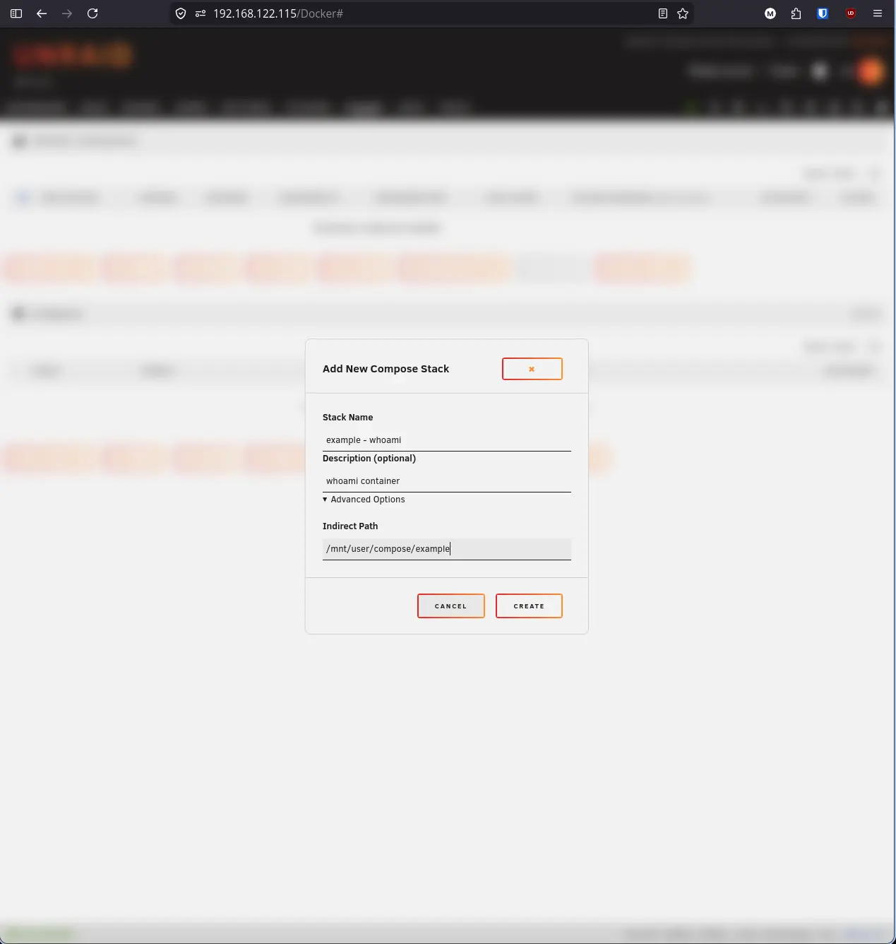 Add New Stack dialog with file browser showing example directory