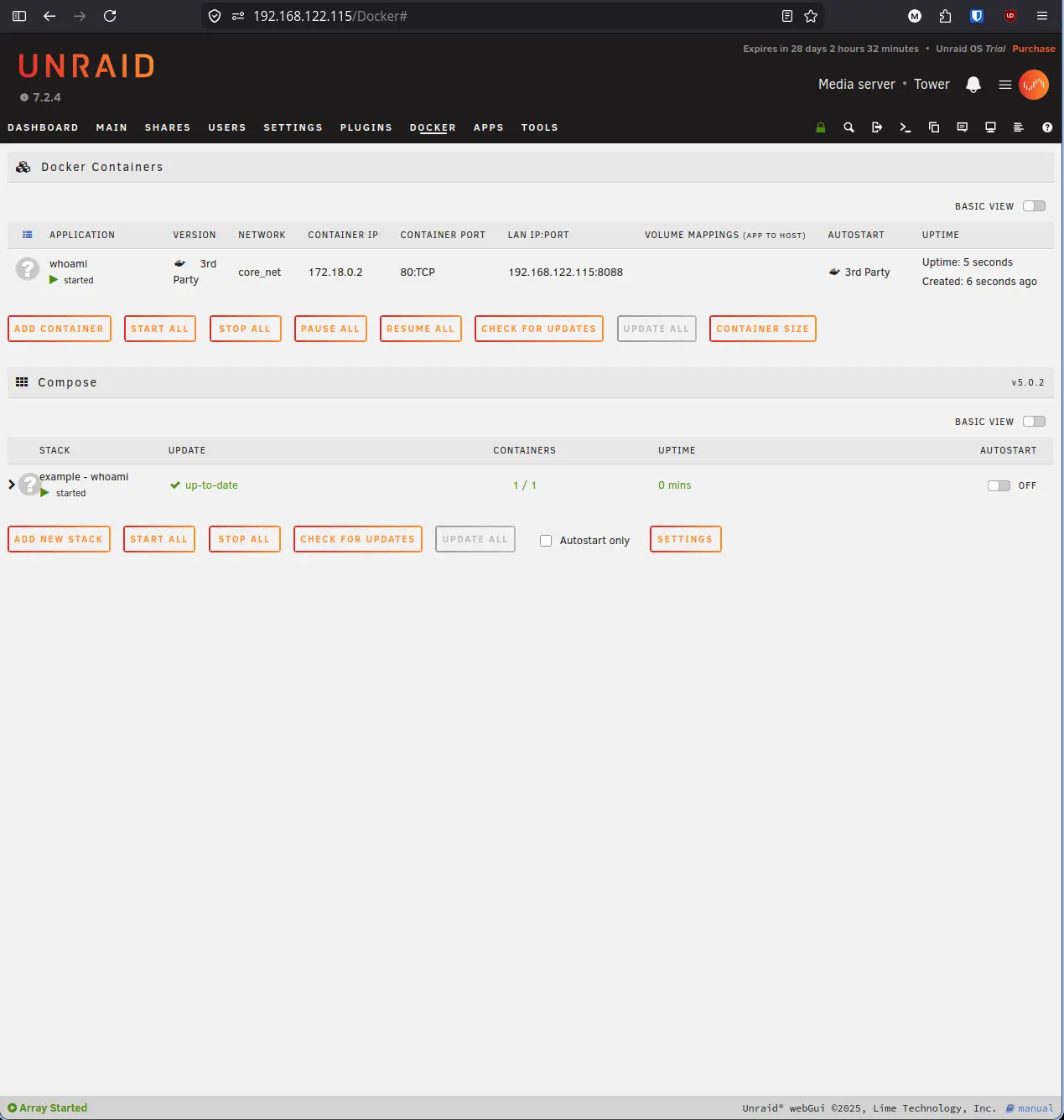 Docker tab with whoami running