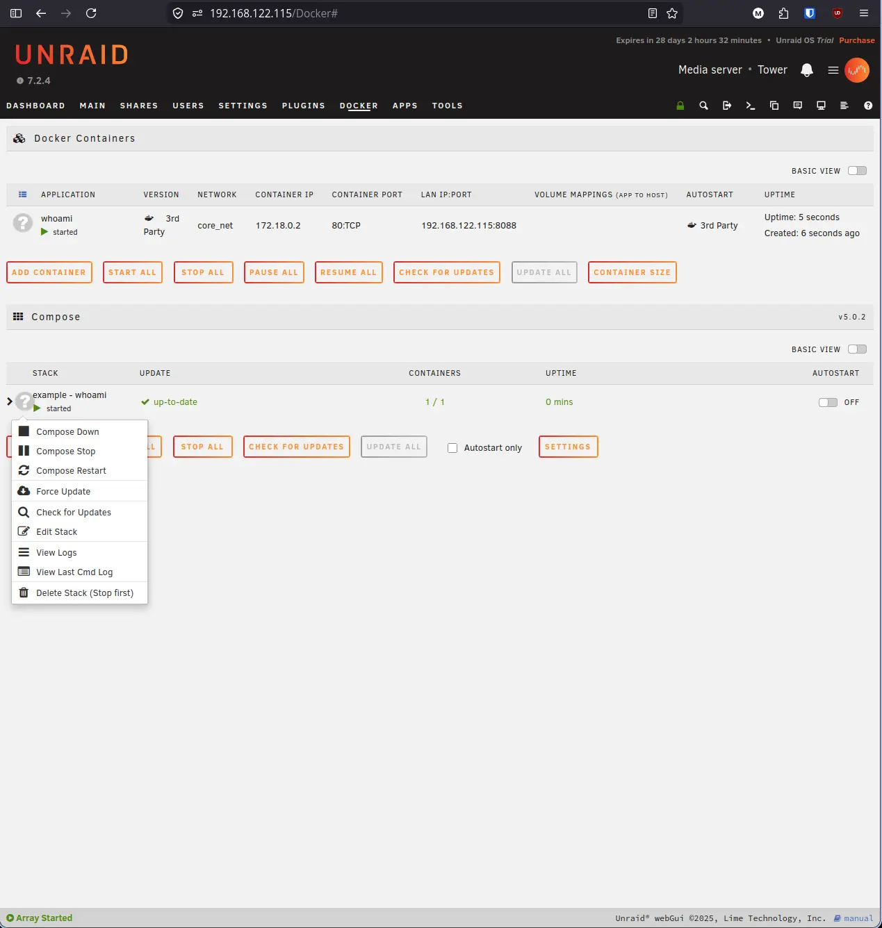 Running stack context menu