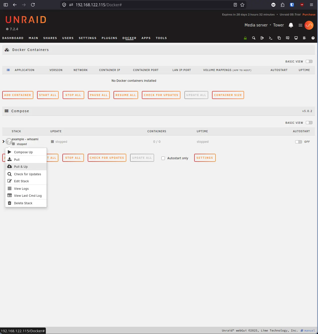 Stack context menu showing Pull and Up options
