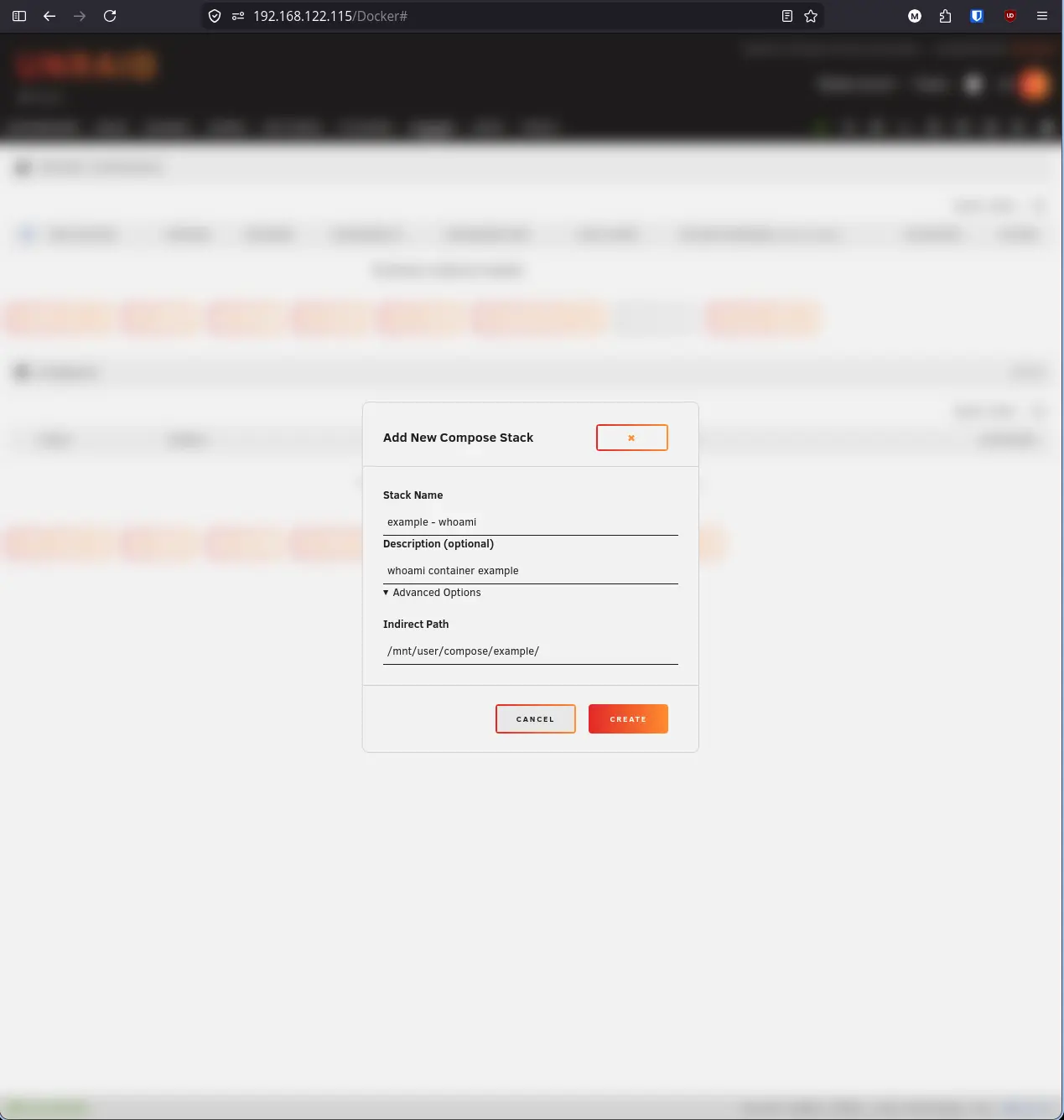 Stack editor open on Compose tab, empty