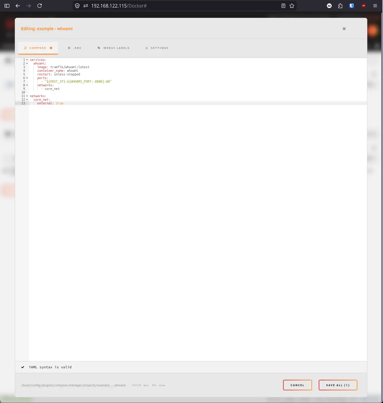 Stack editor Compose tab with whoami compose file pasted in
