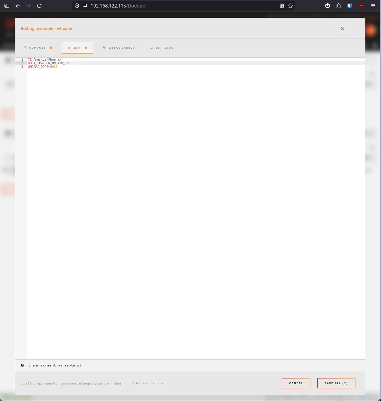 .ENV tab with placeholder IP