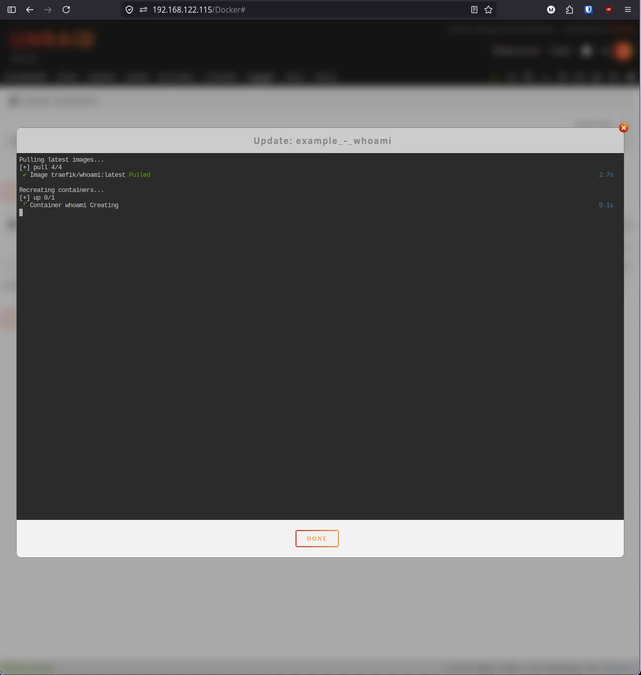Update progress showing container created successfully