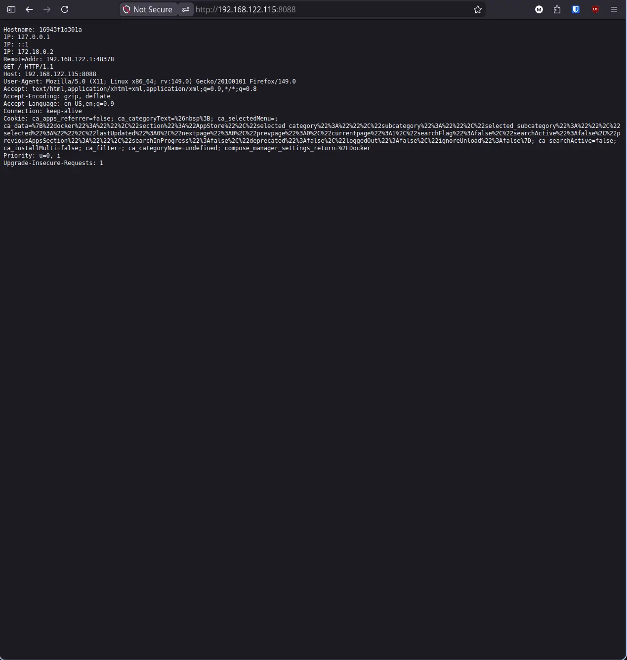 Whoami browser response showing hostname, IPs, and request headers