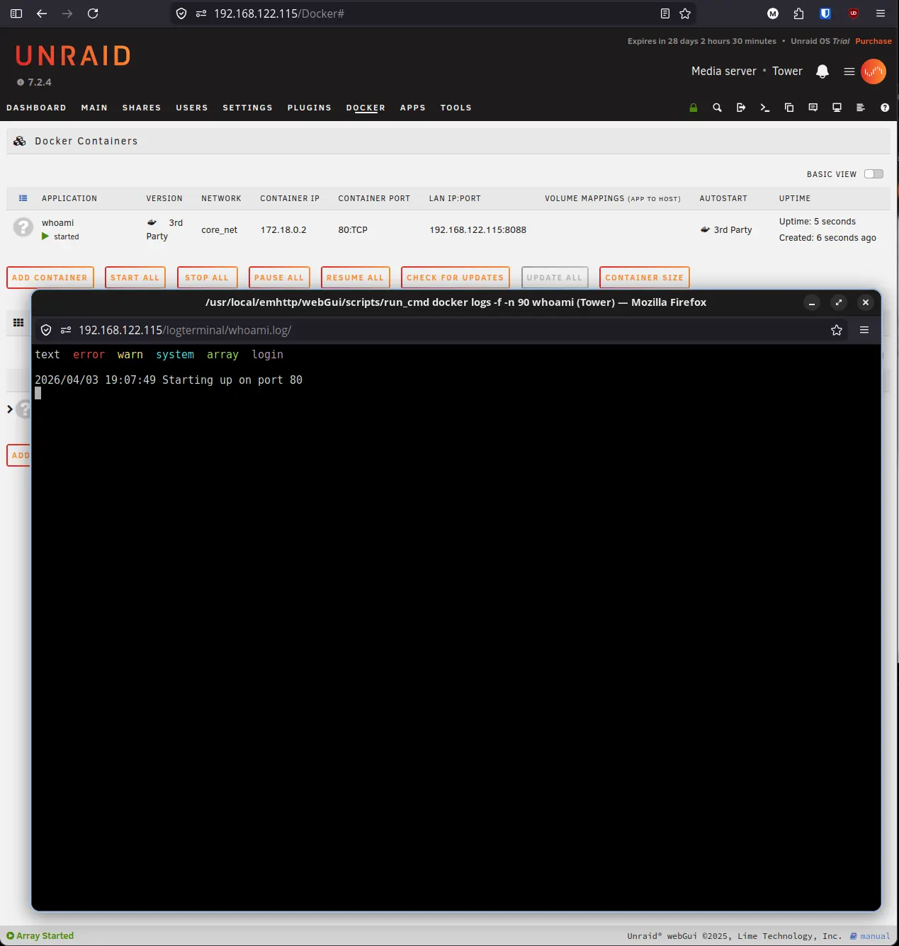 Container log showing whoami started on port 80