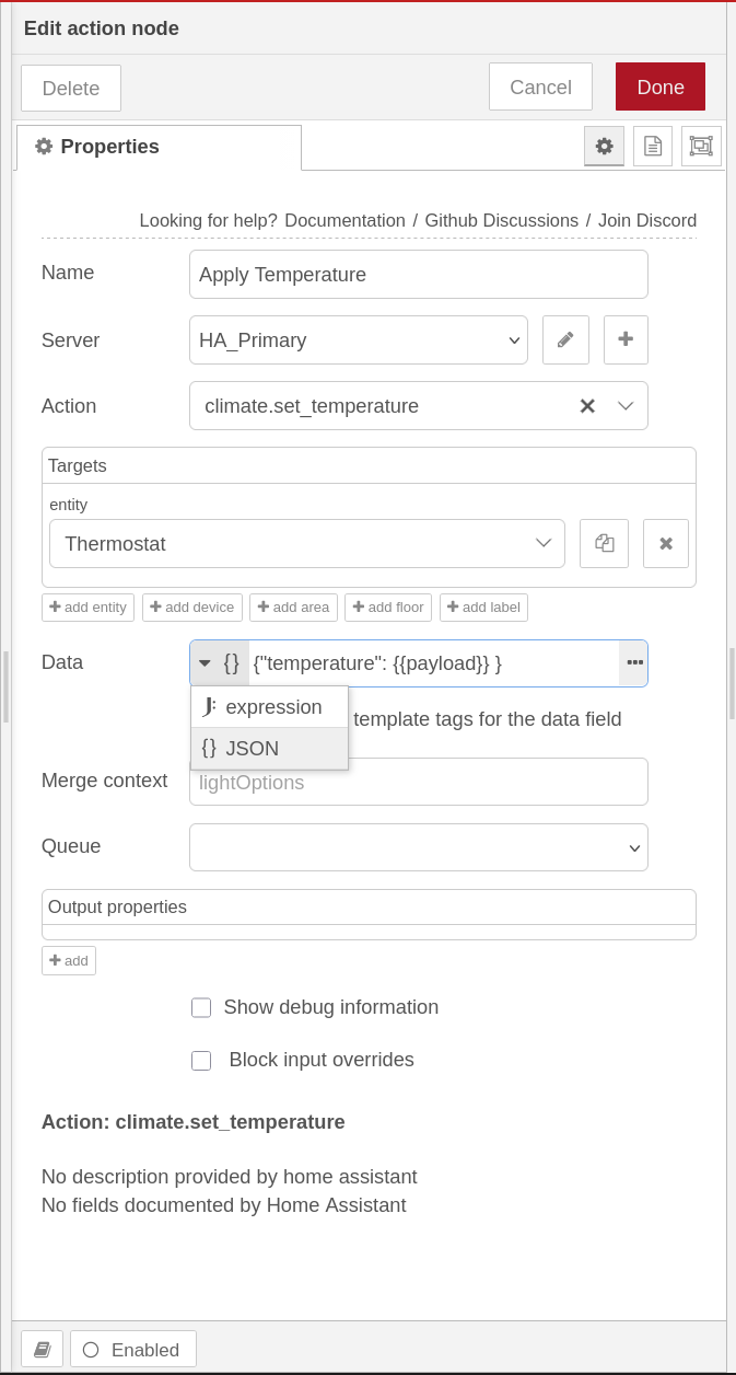 The Data field dropdown open showing the expression and JSON options, with JSON highlighted.