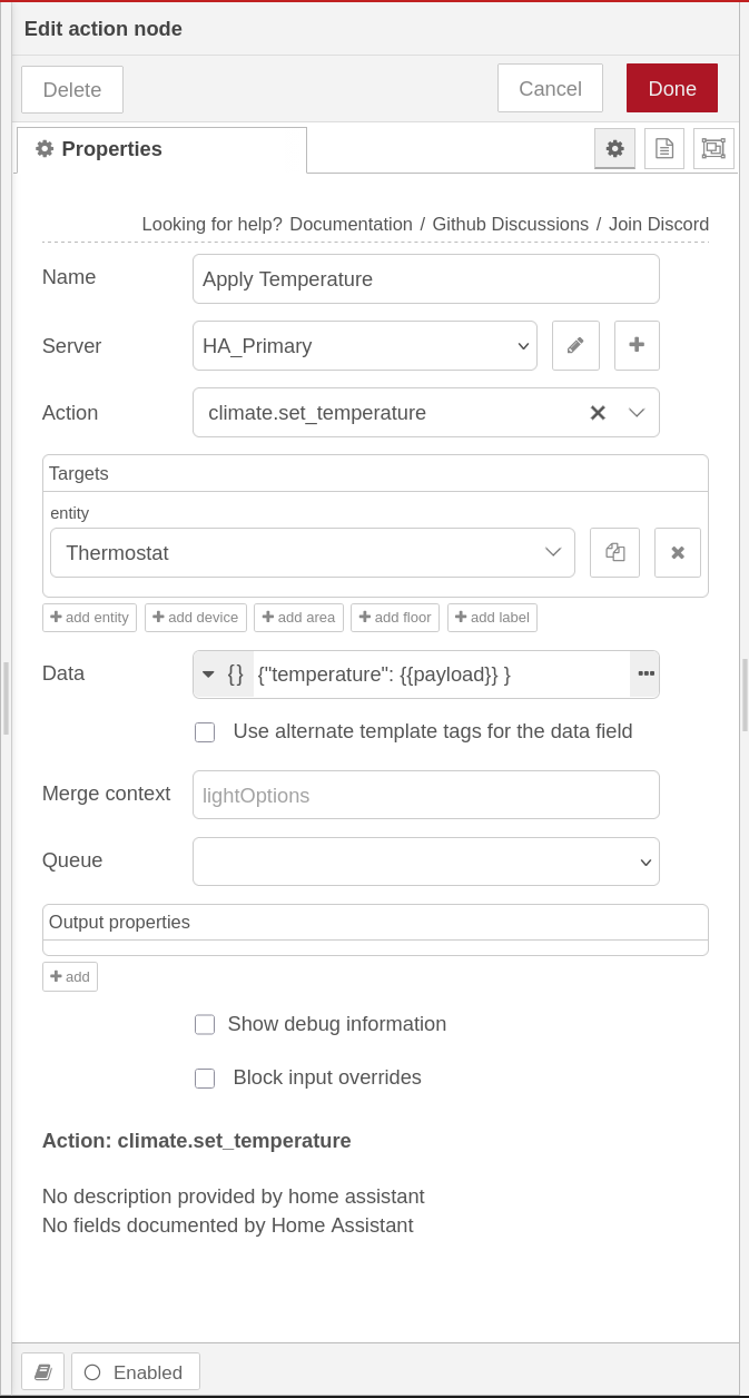 The Apply Temperature action node editor showing the climate.set_temperature action, the Thermostat entity target, and the JSON data field.