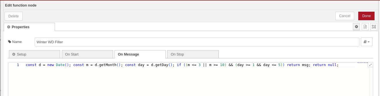 The Node-RED function node editor open, showing the Winter WD Filter code in the On Message tab.