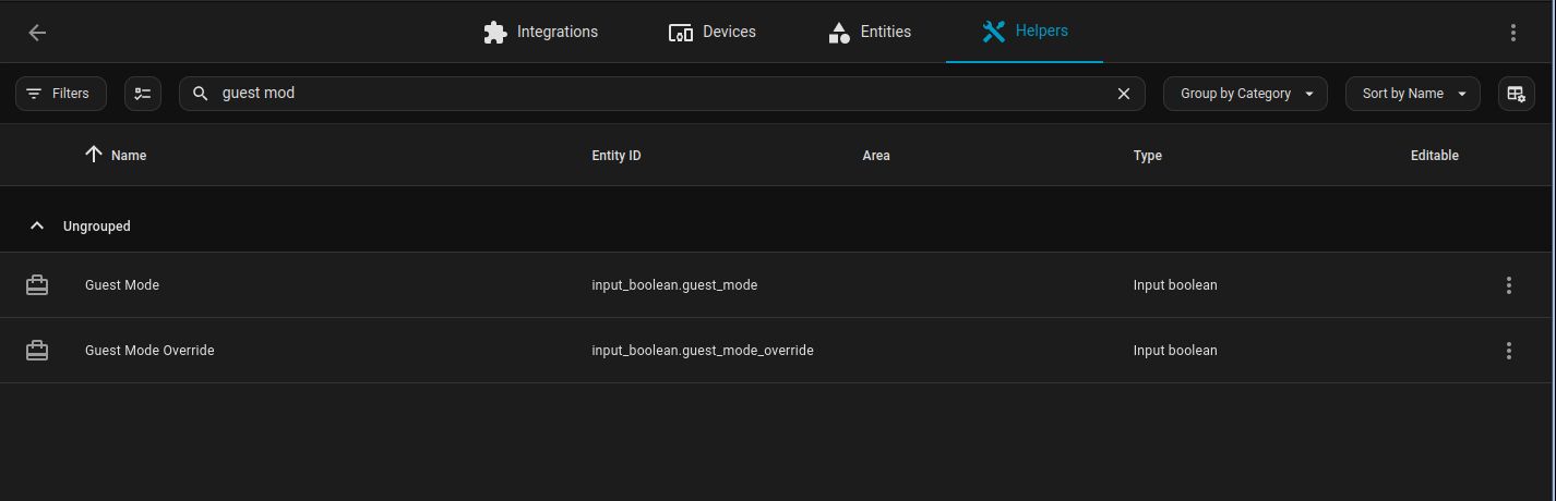 The Home Assistant Helpers page filtered to &ldquo;guest mod&rdquo;, showing Guest Mode and Guest Mode Override as Input boolean helpers.