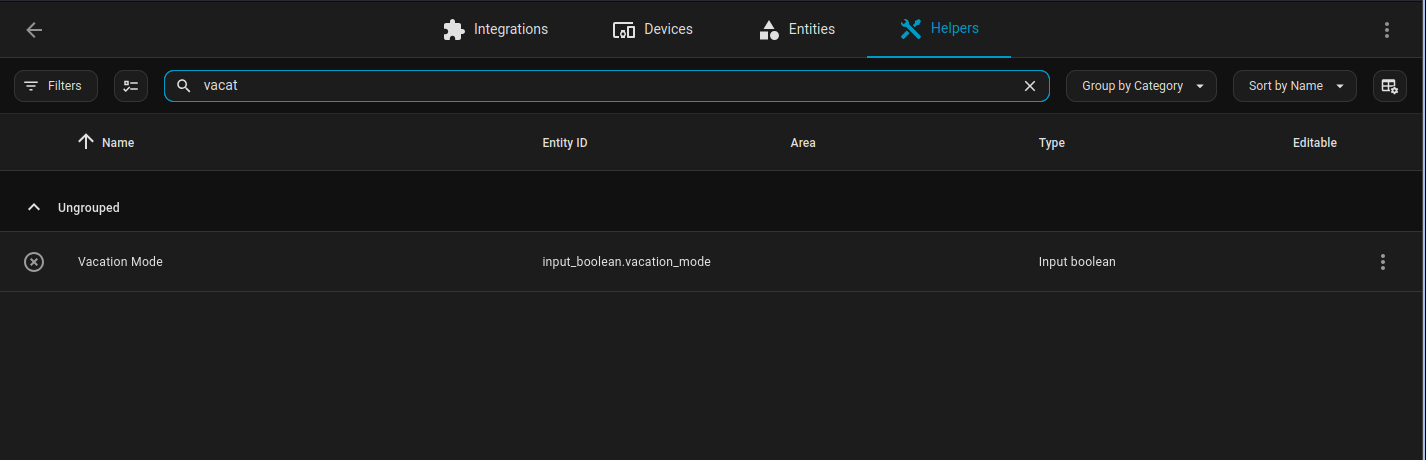 The Home Assistant Helpers page filtered to &ldquo;vacat&rdquo;, showing Vacation Mode as an Input boolean helper.