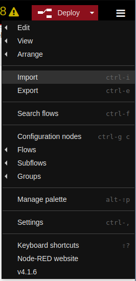 The Node-RED hamburger menu open with Import highlighted.