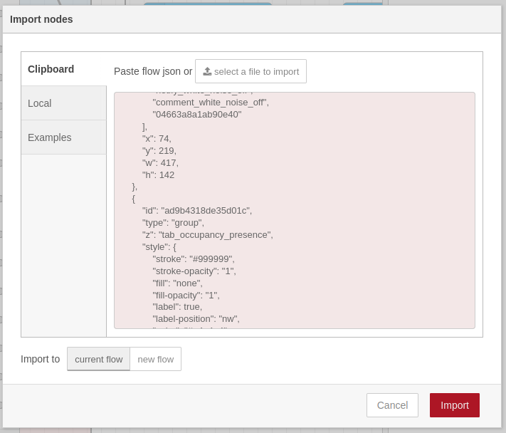 The Node-RED Import dialog with JSON pasted into the clipboard field and the new flow option visible at the bottom.