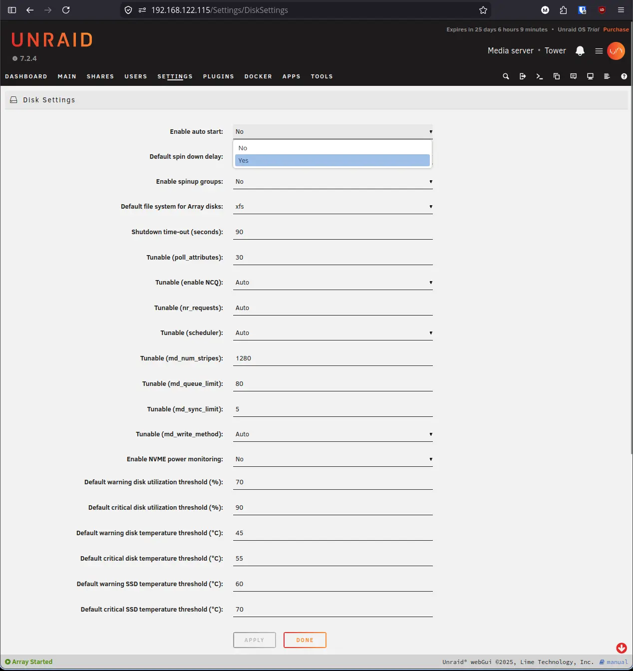 Unraid Disk Settings Dropdown