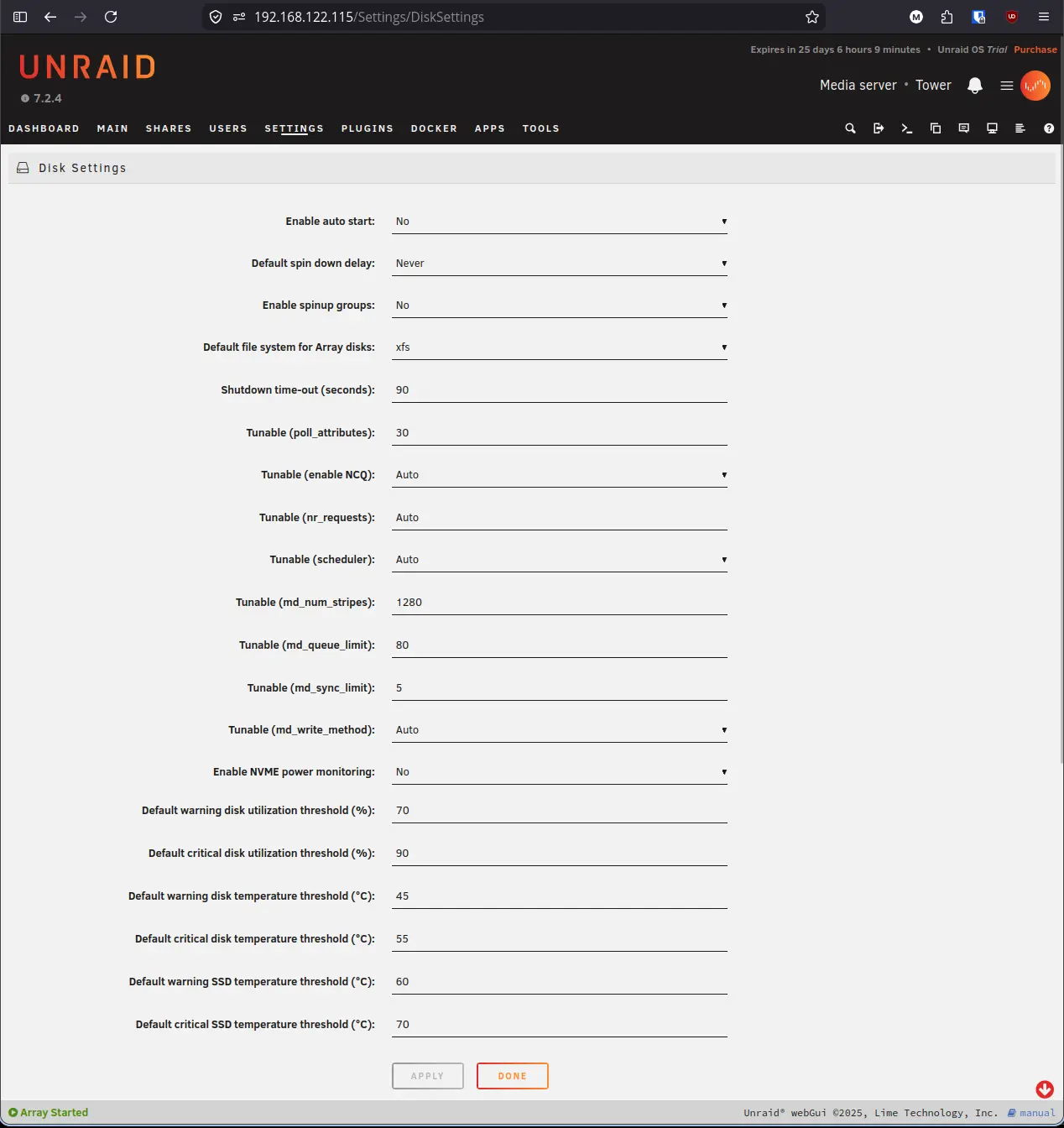 Unraid Disk Settings