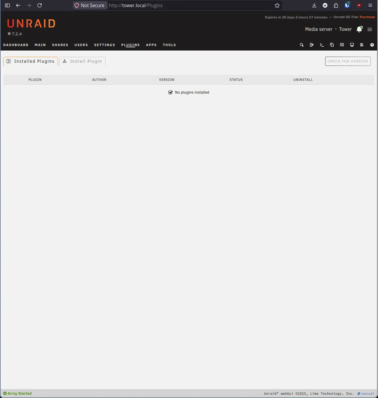 Unraid Plugins tab showing no plugins installed