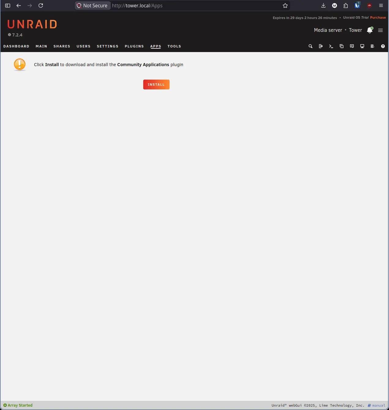 Apps tab showing initial CA install button