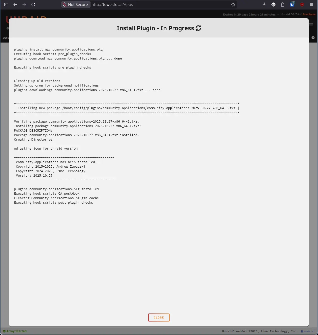 Install Plugin - In Progress screen showing community.applications.plg downloading