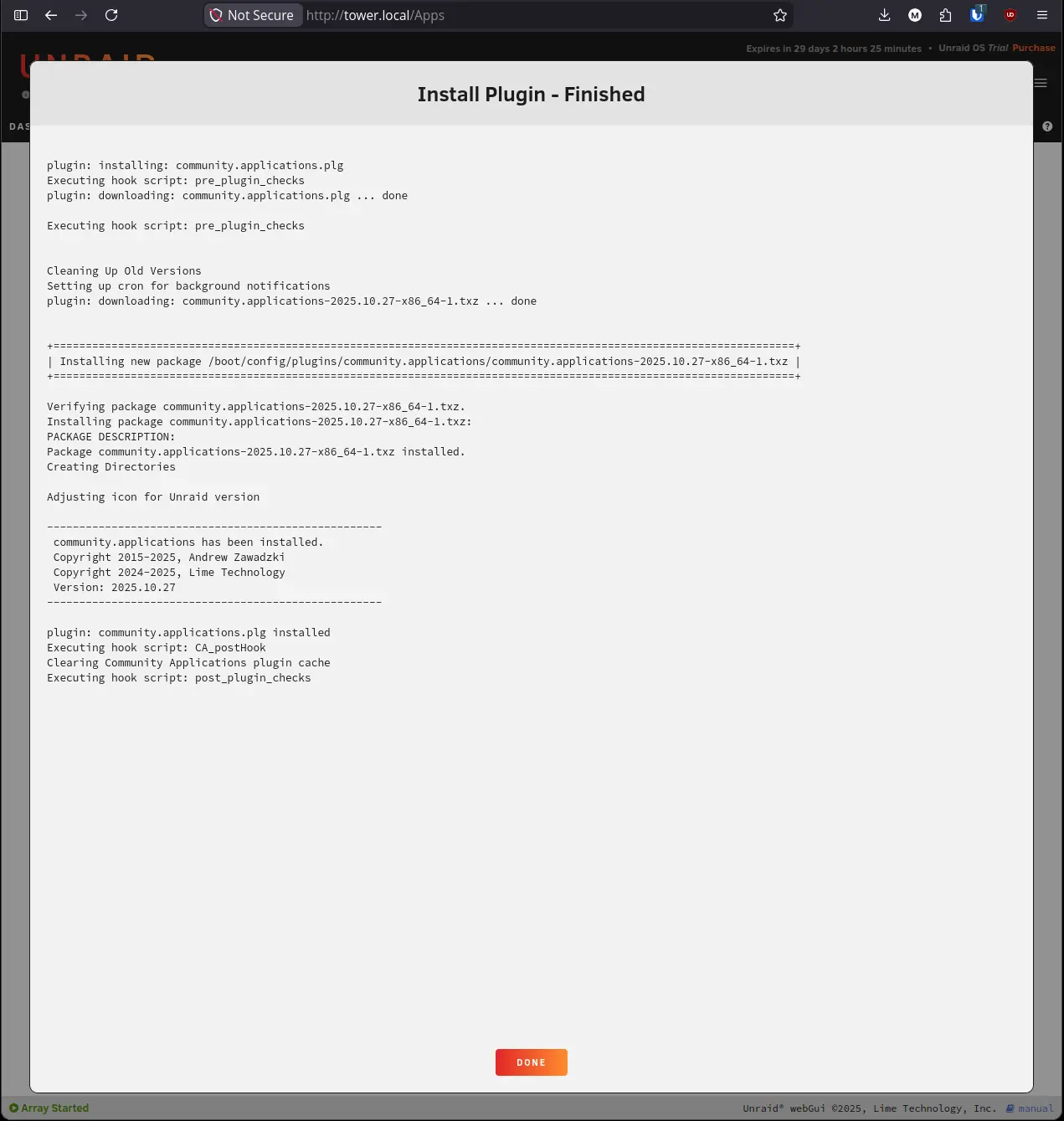 Install Plugin - Finished screen confirming community.applications has been installed