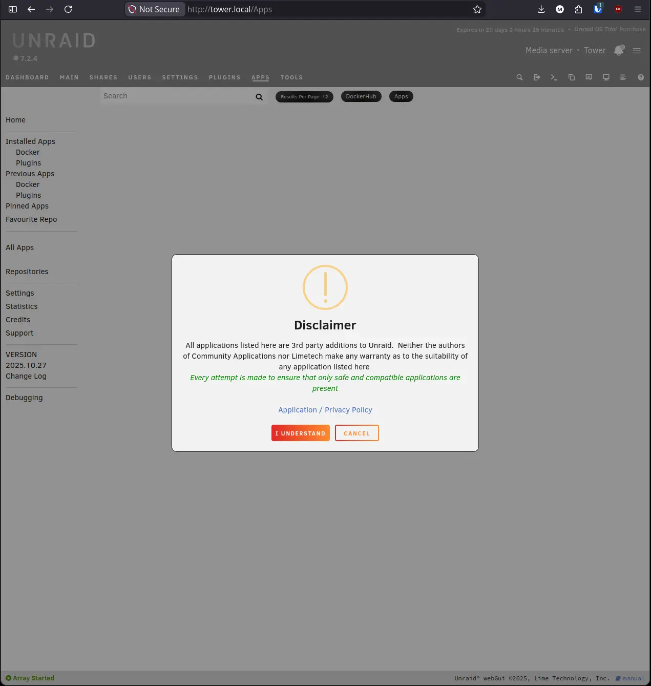 CA first-run disclaimer modal
