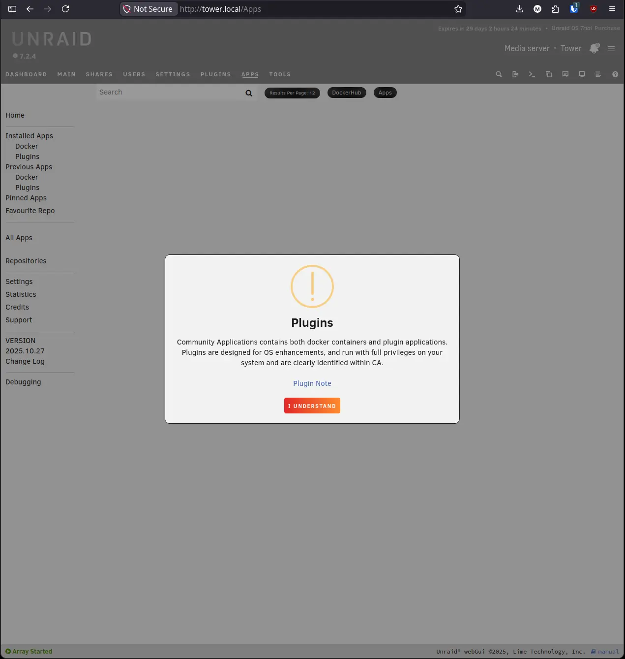 CA Plugins warning modal explaining plugins run with full privileges
