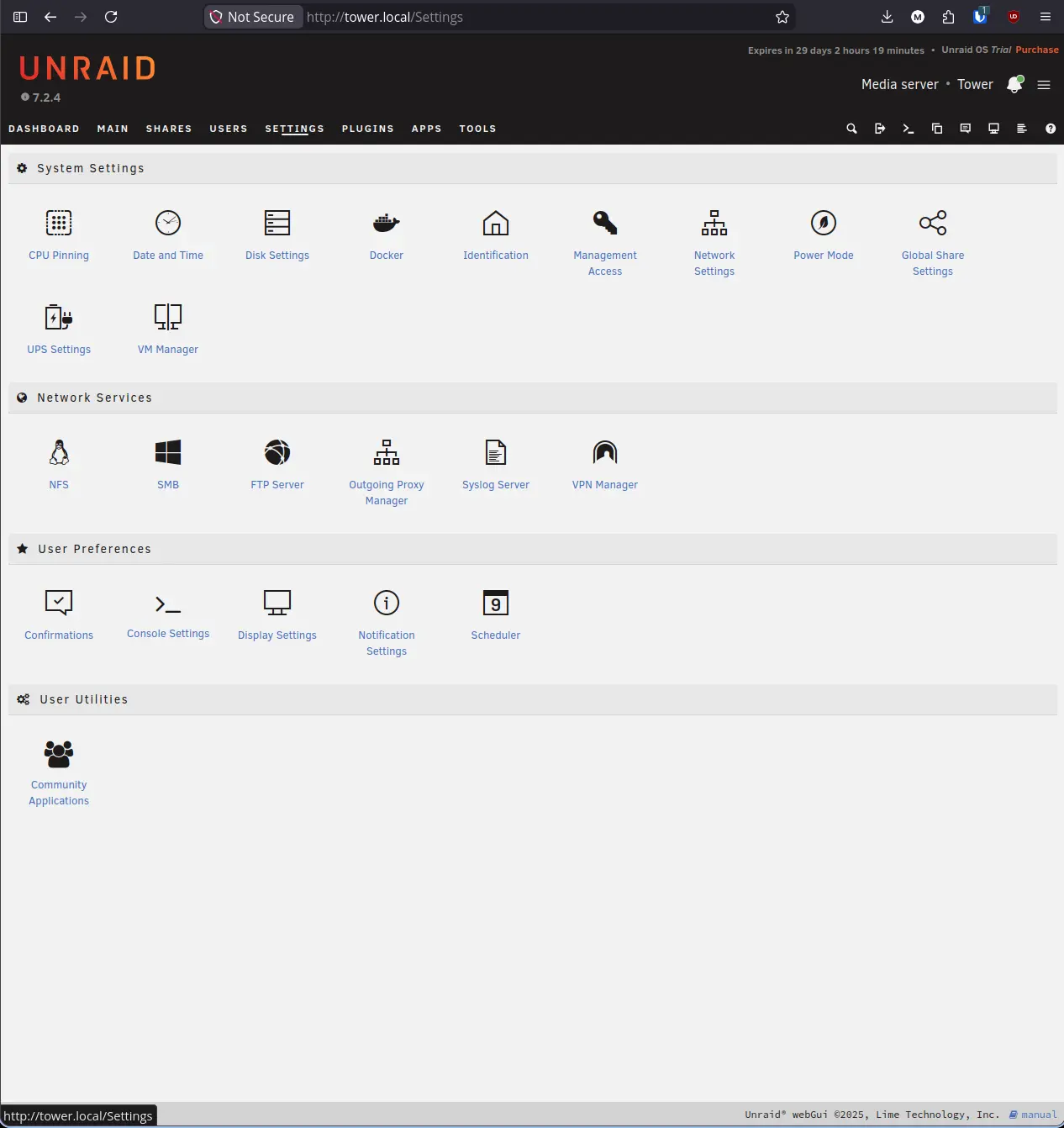 Unraid Settings page