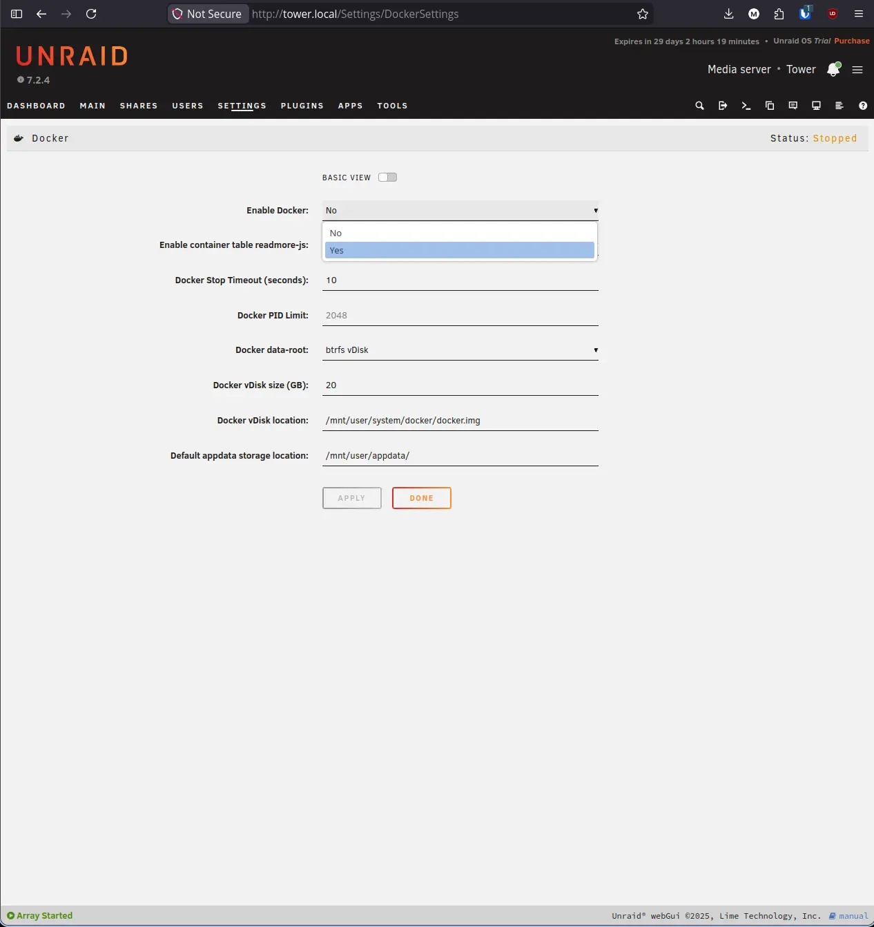 Docker Settings page with the Enable Docker dropdown open and Yes highlighted