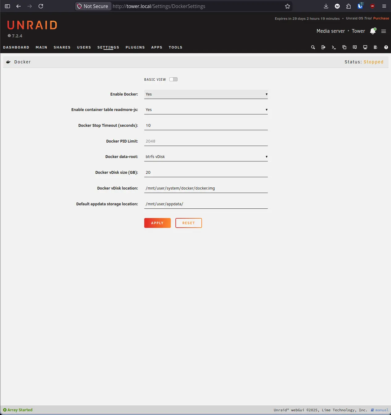Docker Settings page with Enable Docker set to Yes and Apply button ready