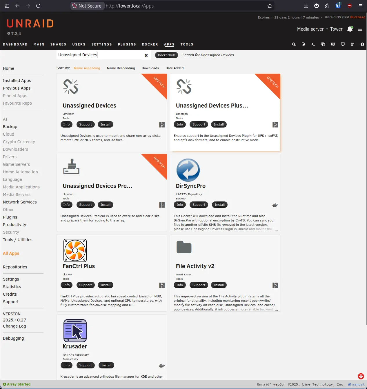 CA search results for Unassigned Devices showing Limetech plugin cards