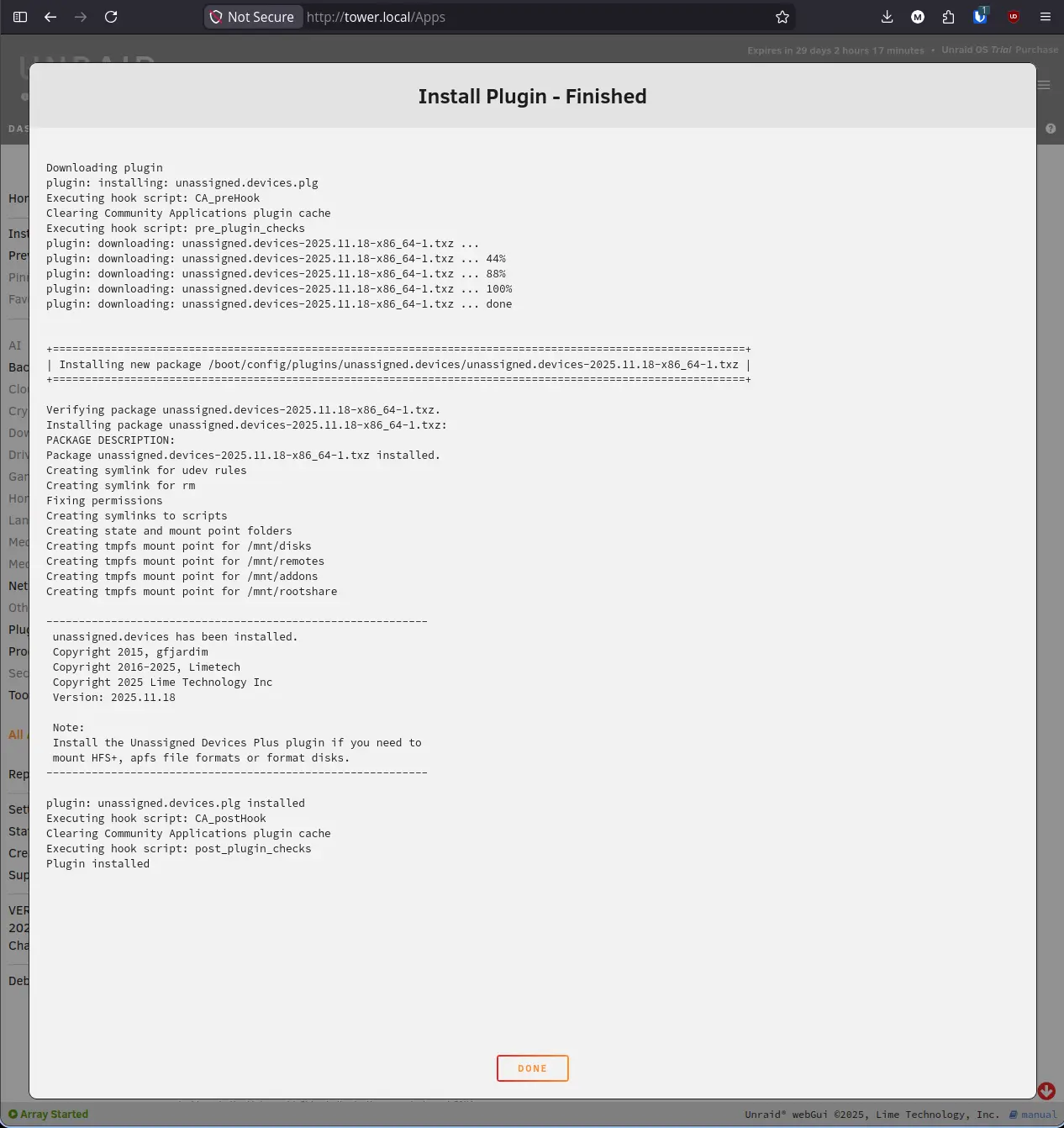 Unassigned Devices install finished