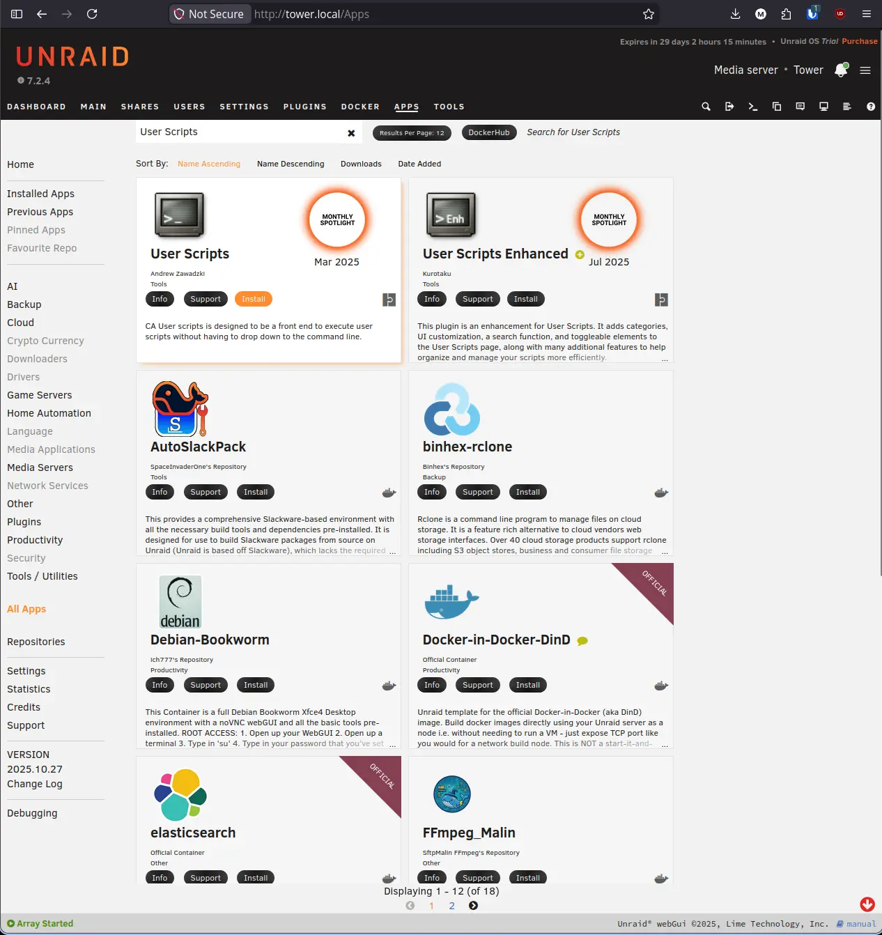 CA search results for User Scripts showing the plugin card with Monthly Spotlight badge