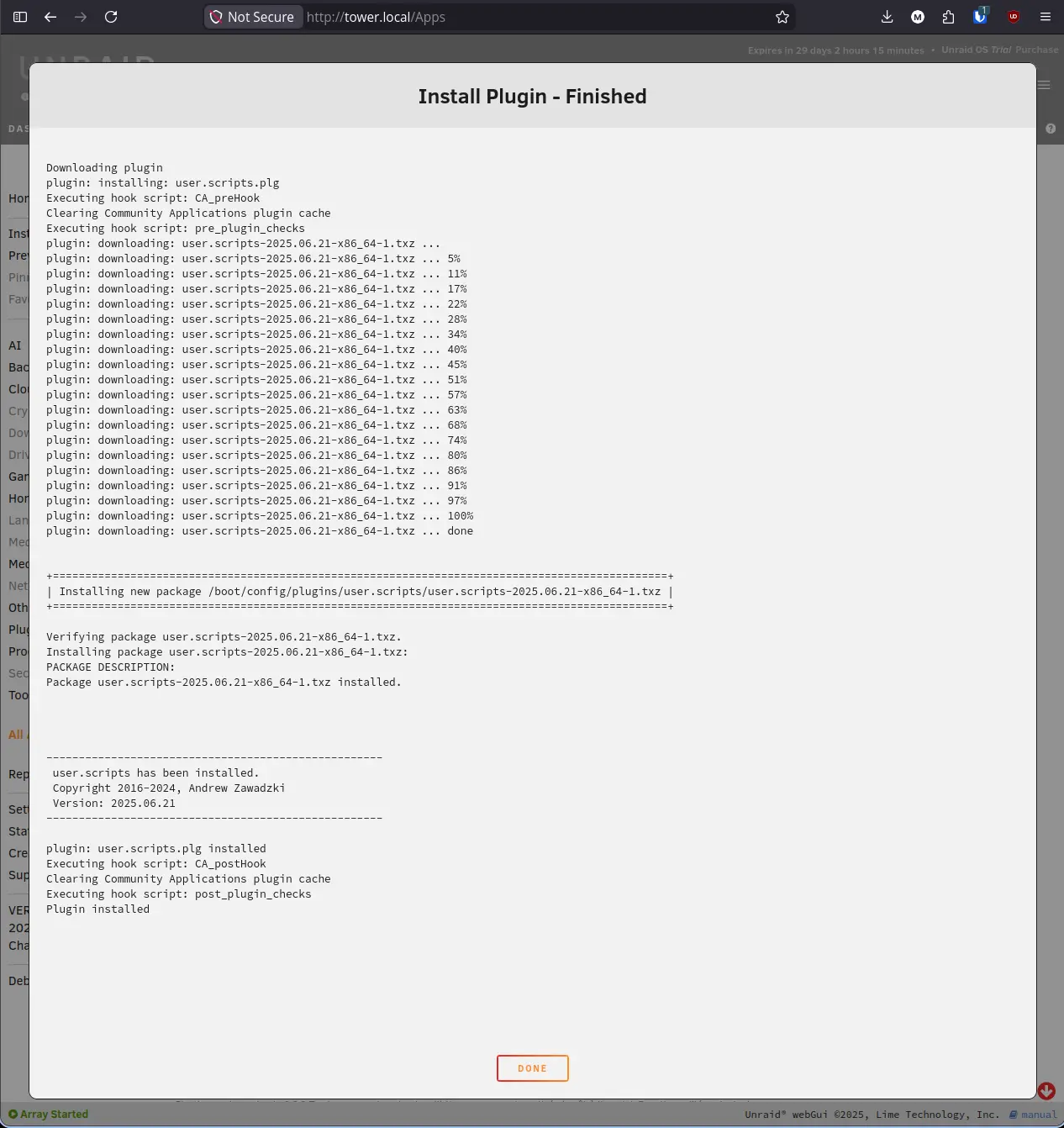 User Scripts install finished