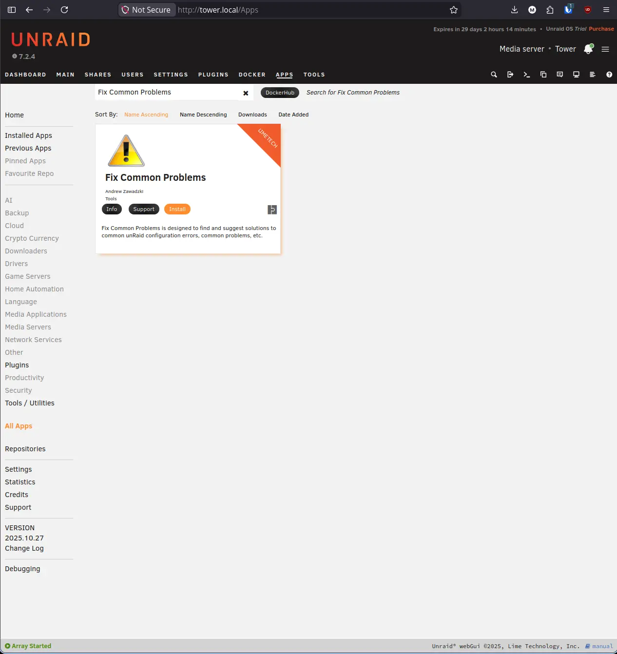 CA search results for Fix Common Problems showing the Lime Technology plugin card