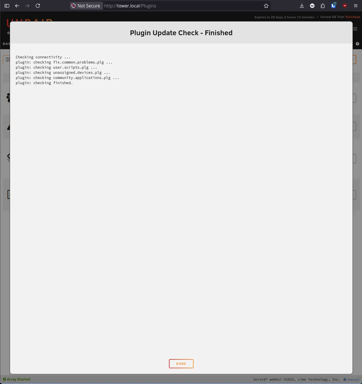 Plugin Update Check Finished screen showing all four plugins were checked
