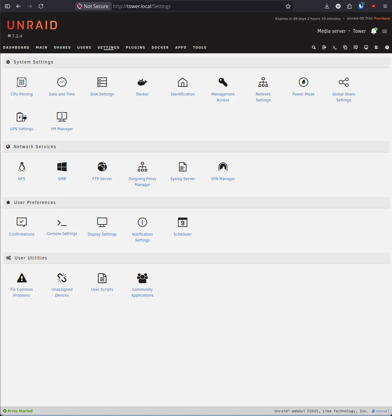 Settings page User Utilities section showing all four plugin tiles