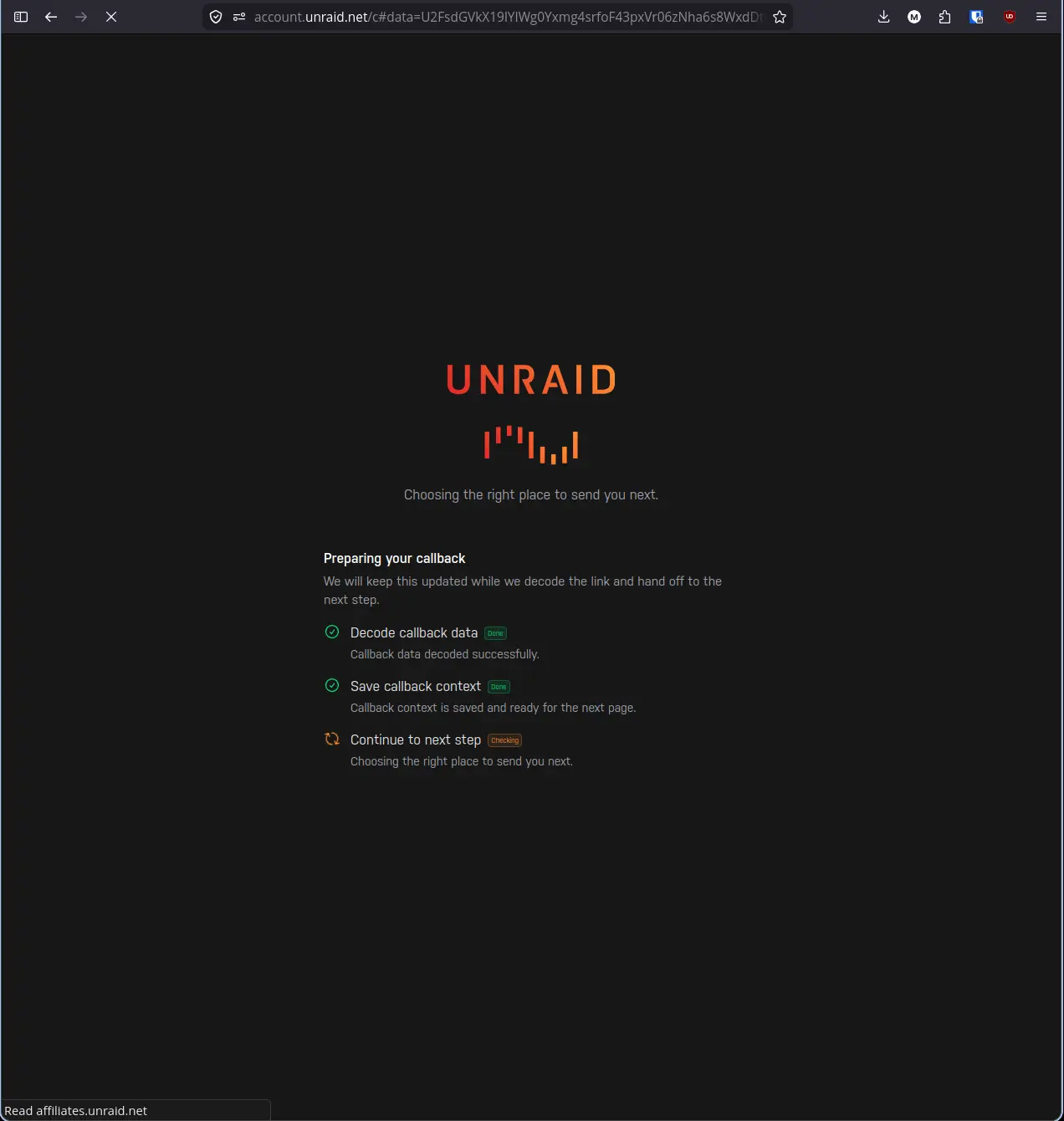 account.unraid.net callback screen showing Decode callback data, Save callback context, and Continue to next step all completing