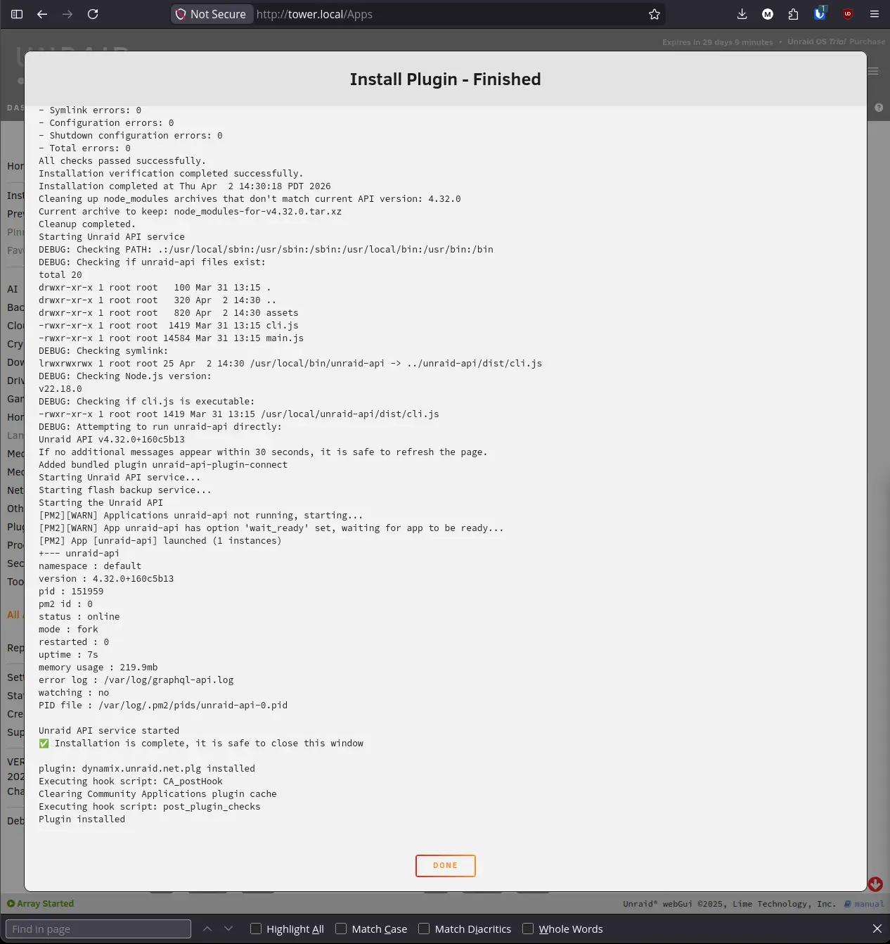 Install Plugin - Finished screen showing Unraid Connect installed with API service running