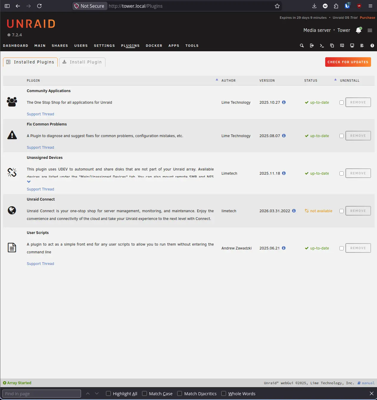 Plugins tab showing all five plugins installed including Unraid Connect with not available status