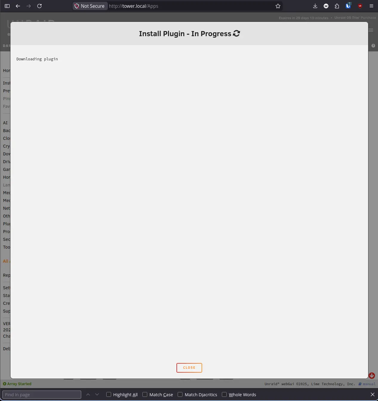 Install Plugin - In Progress screen showing Unraid Connect downloading