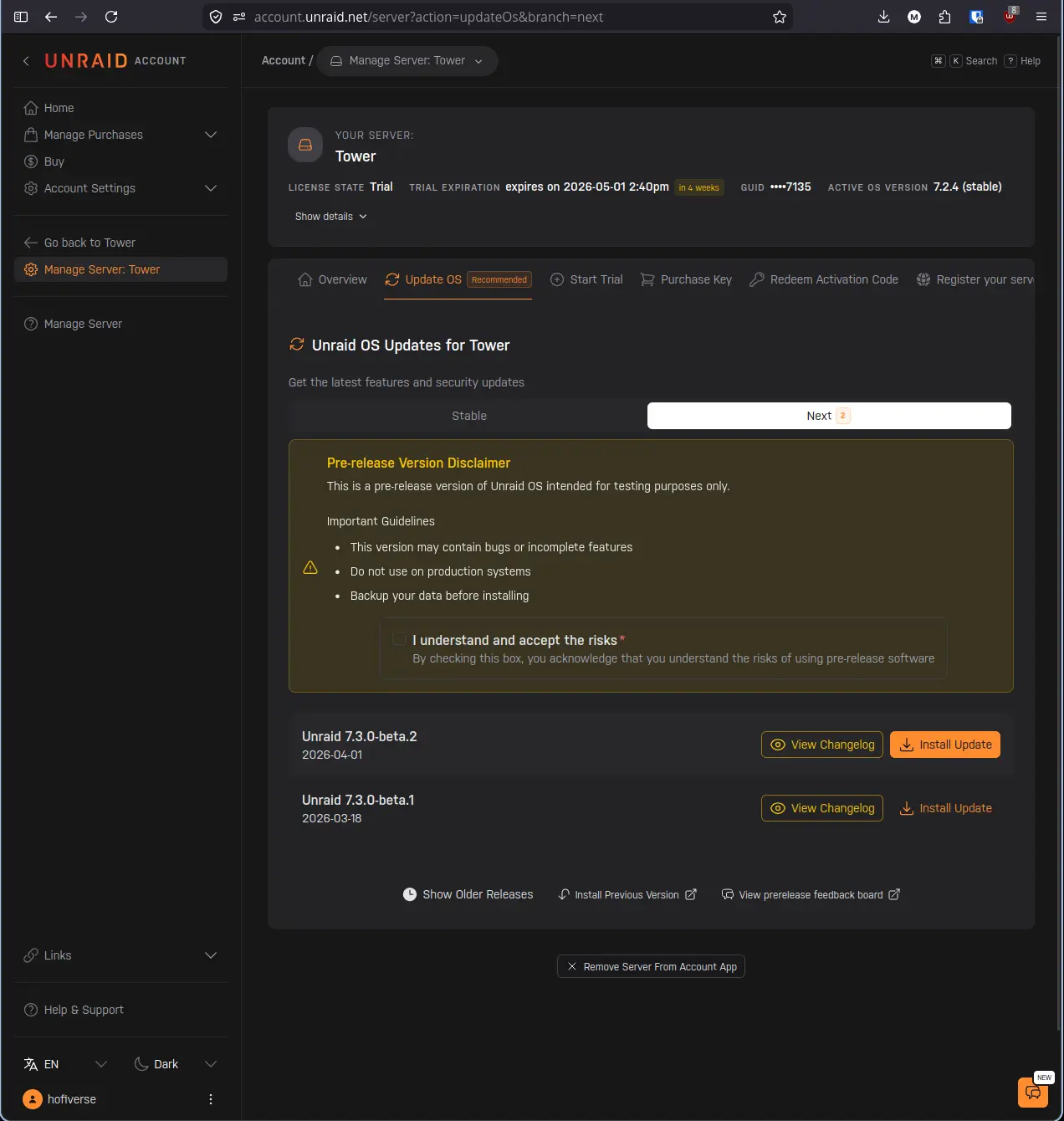 account.unraid.net Next tab showing pre-release disclaimer and beta versions listed