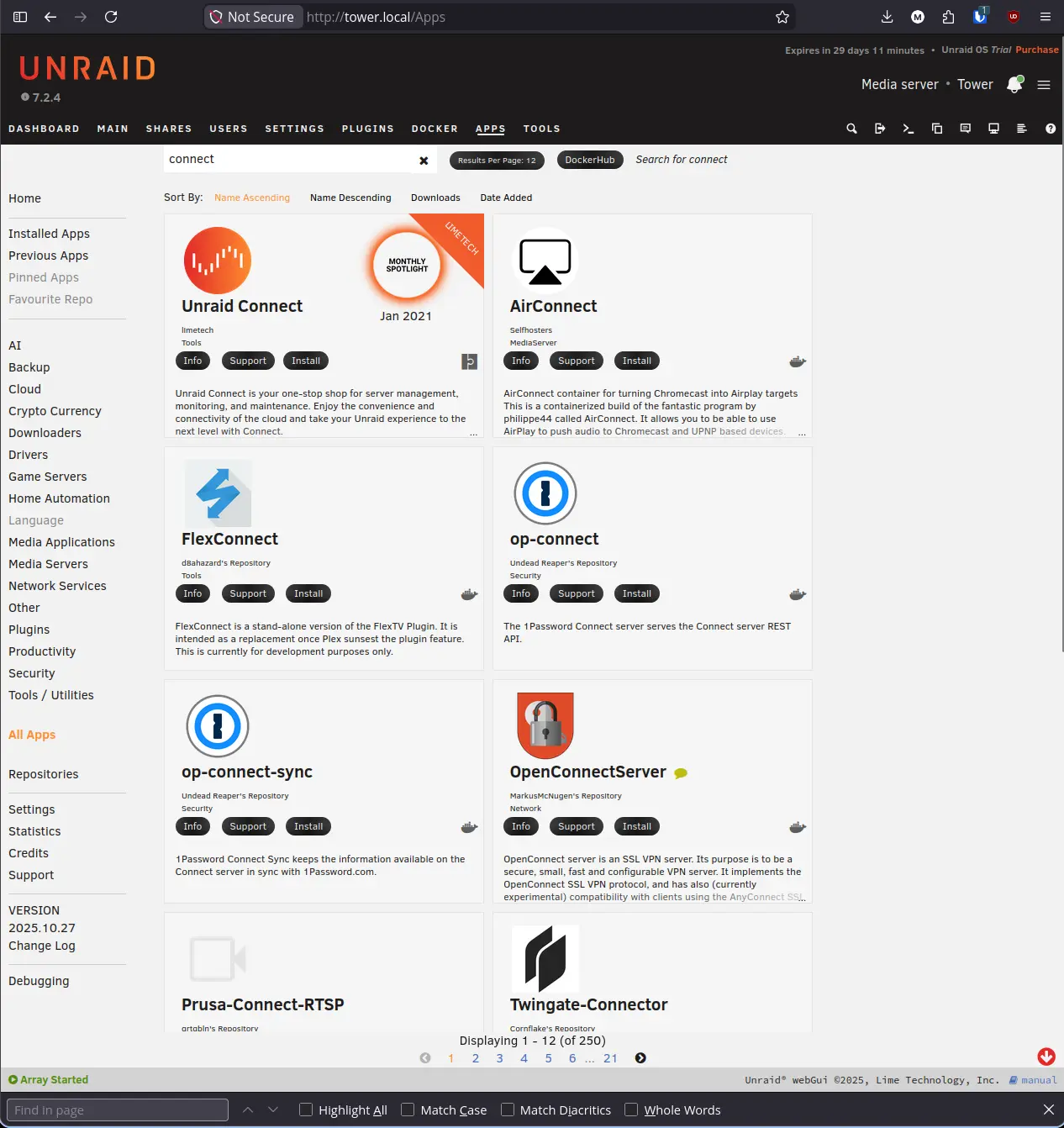 CA search results showing the Unraid Connect plugin from limetech with Monthly Spotlight badge
