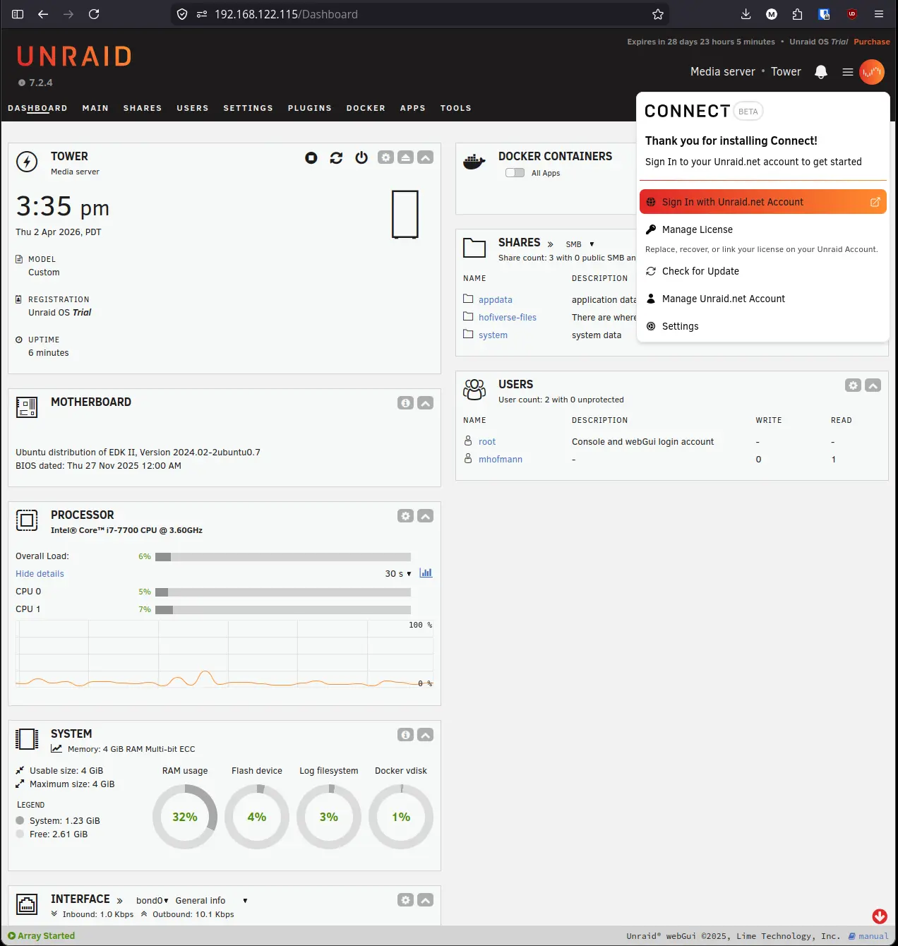 Unraid dashboard showing the Connect panel with Sign In with Unraid.net Account button