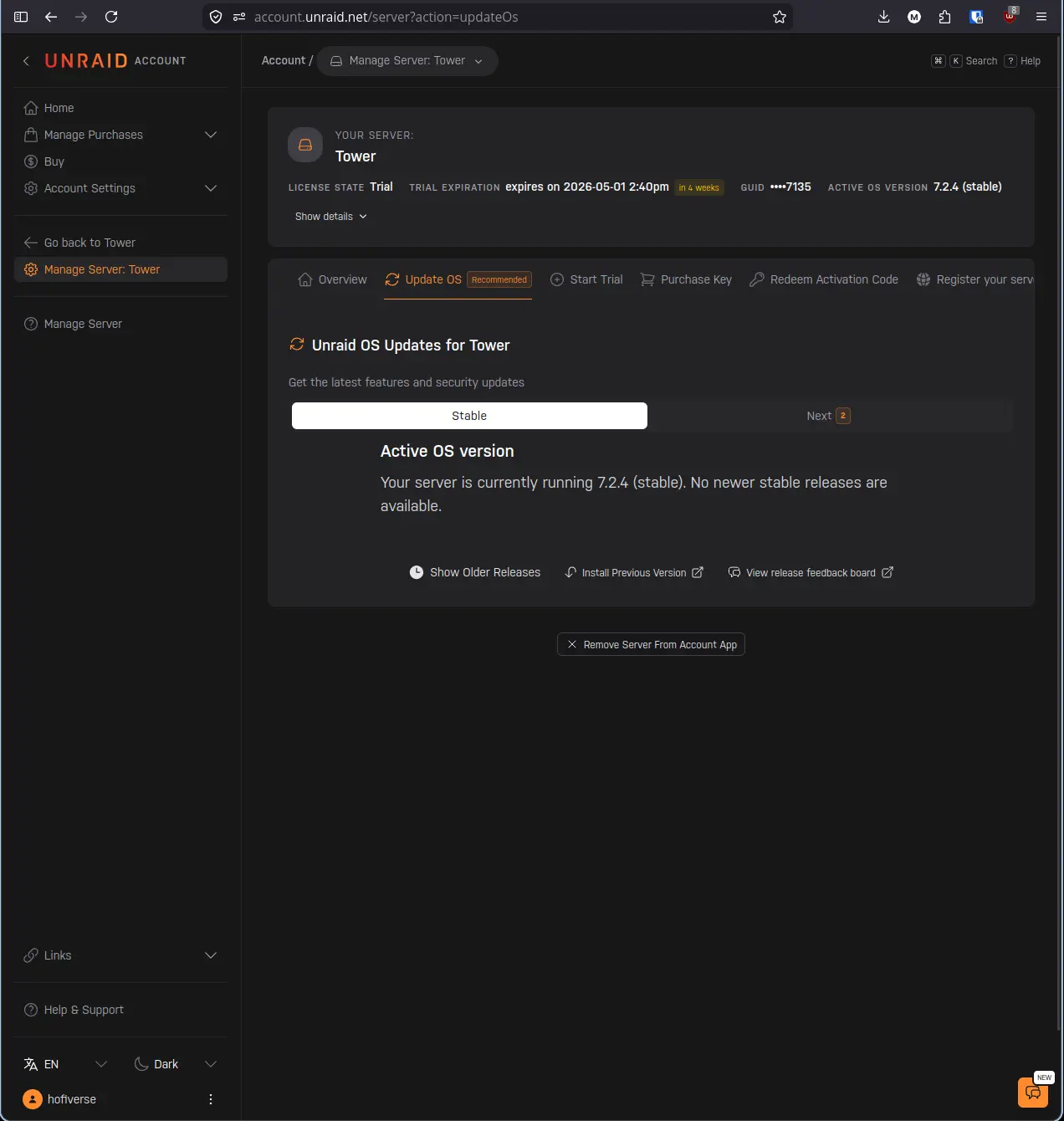 account.unraid.net showing the Stable tab selected with message that no newer stable releases are available