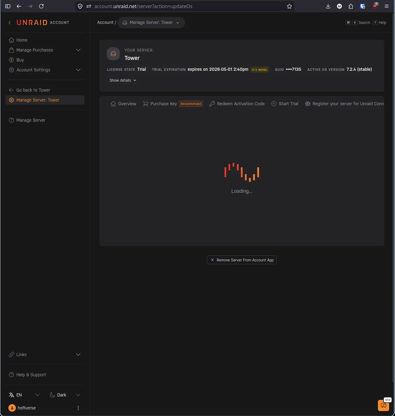 account.unraid.net Update OS tab loading with animated spinner