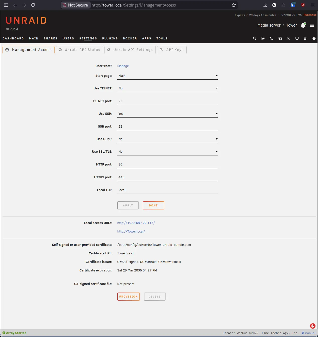Management Access settings page showing SSH enabled, SSL/TLS set to No, and the Provision button at the bottom