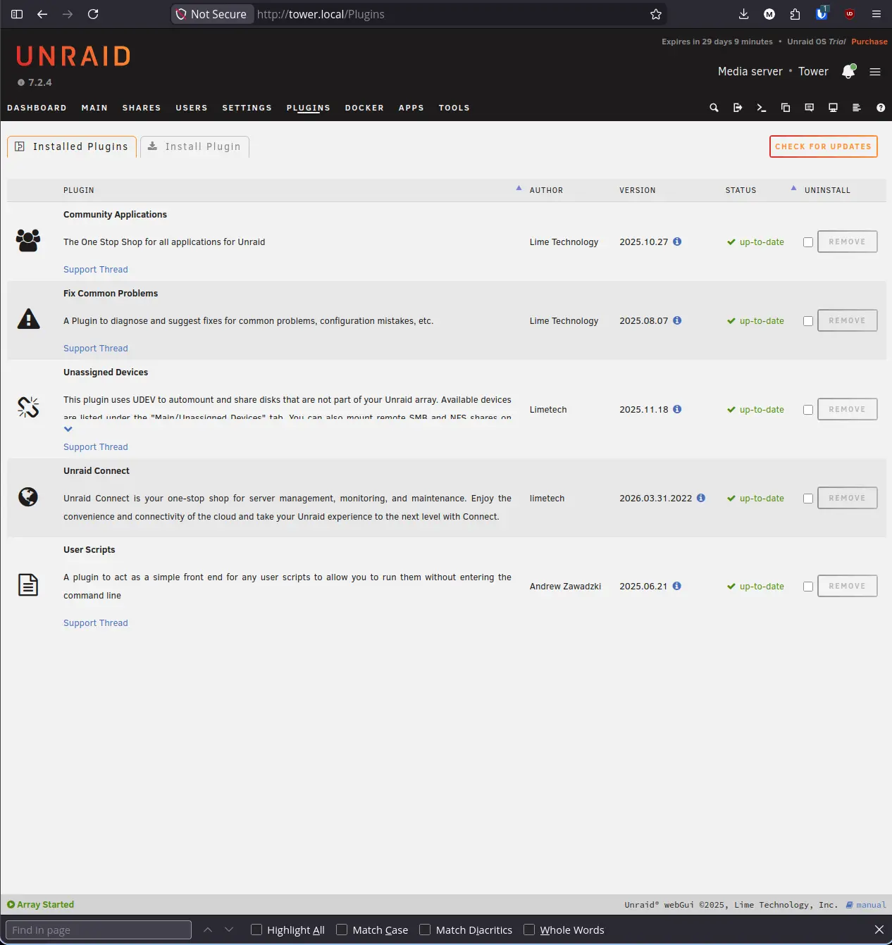 Plugins tab showing all five plugins with green up-to-date status