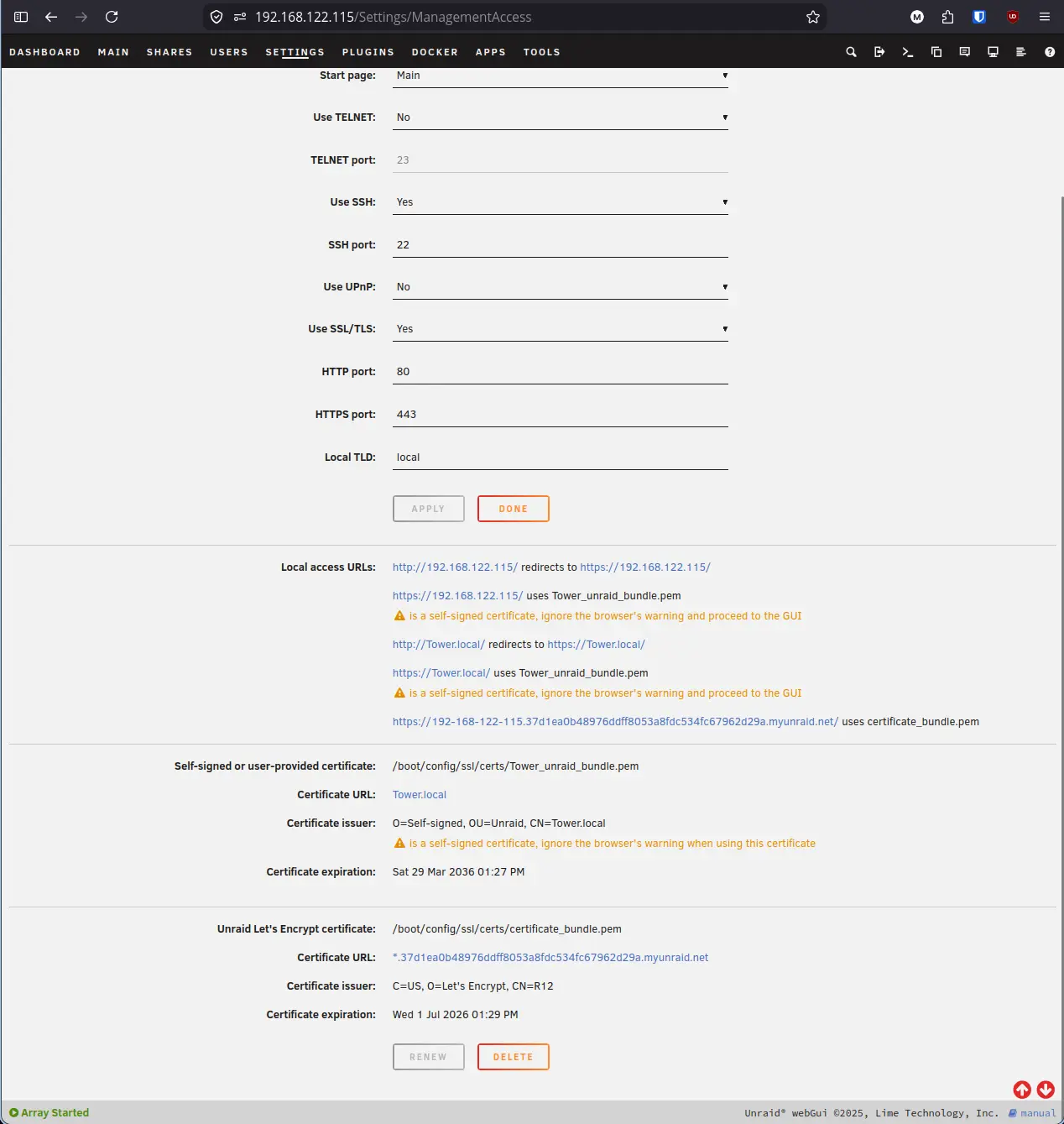 Management Access page after enabling SSL showing HTTPS URLs in Local Access URLs and the Let’s Encrypt certificate details