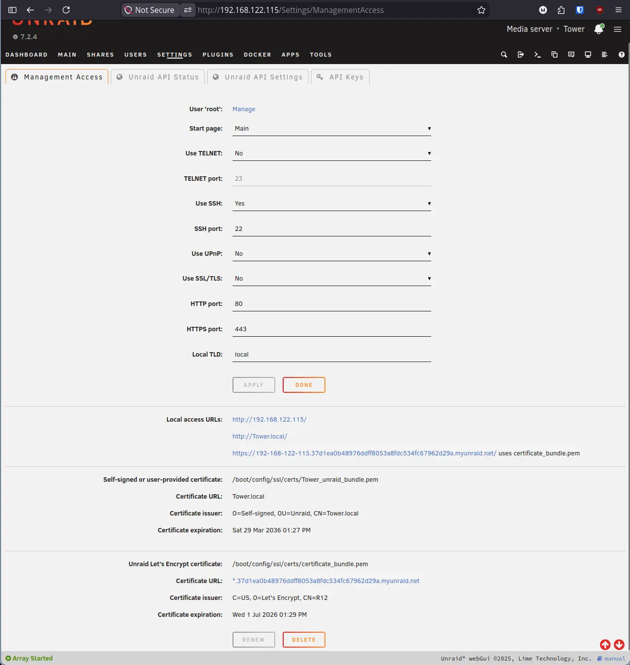 Management Access page after provisioning showing the Let’s Encrypt certificate details and myunraid.net URL in Local Access URLs