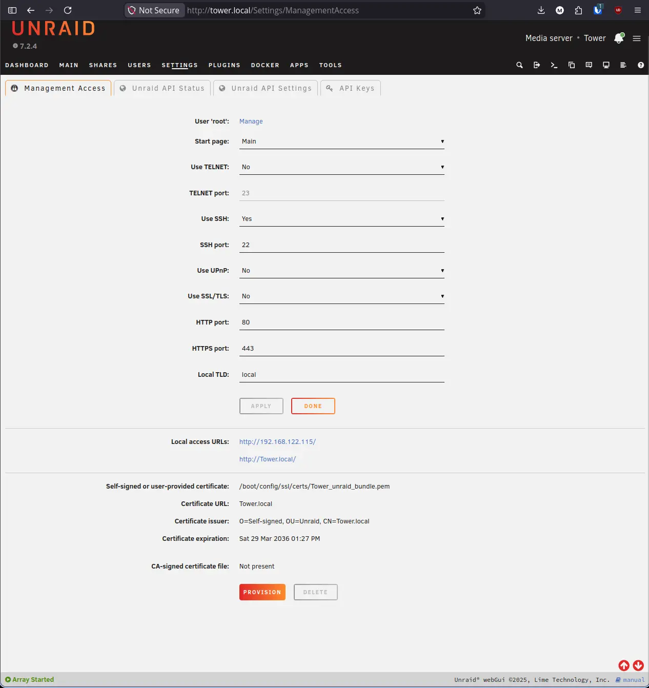 Management Access page scrolled to show the Provision button with CA-signed certificate file showing Not present