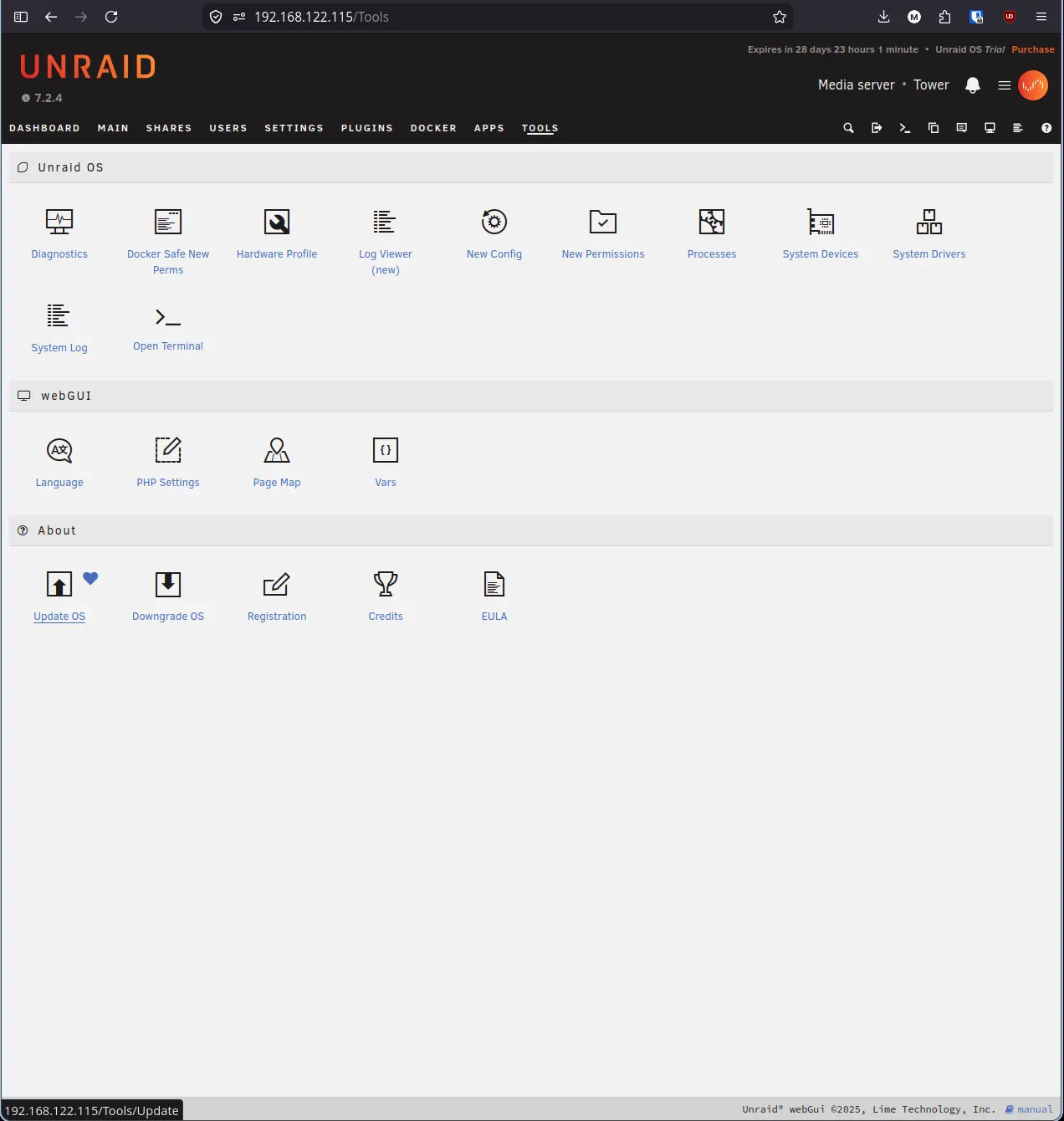 Unraid Tools page showing Update OS and Downgrade OS tiles under the About section